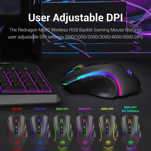 Redragon M602 Griffin RGB Gaming Mouse - Ergonomic Design with 8000 DPI & 7 Programmable Modes | Wireless Black