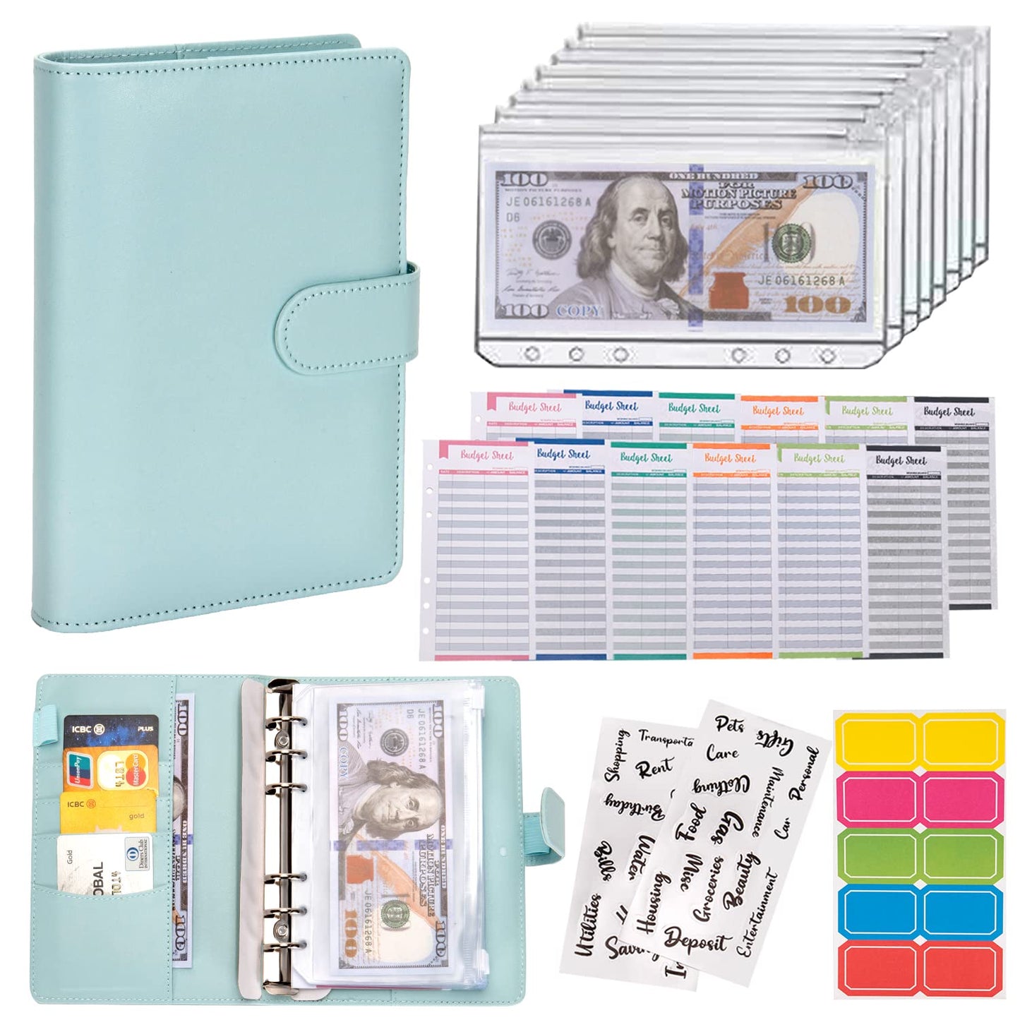 NICOOTH Budget Binder A6 Money Saving Binder with Zipper Cash Envelopes