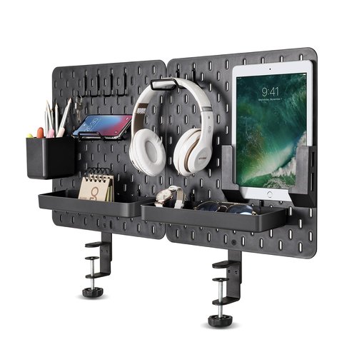 EHO Clamp-On Desk Pegboard, 2Pack (Combined Size 27 x 14 inch) Privacy Divider, Desk Partition Panel, No-Drill Desk Mounted Peg Board Organizer for Office, Gaming, Home, Black