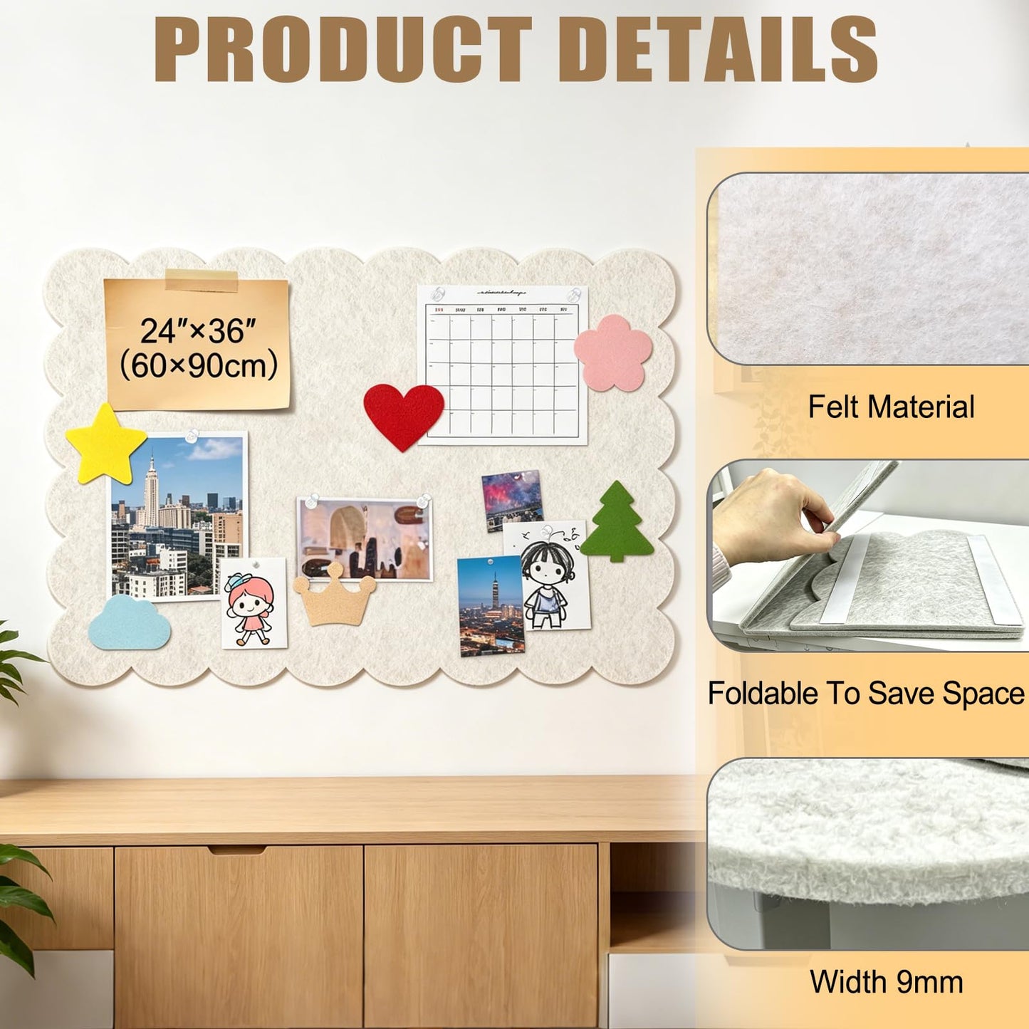 Felt Bulletin Board 36"×24" Large Pin Cork Boards for Walls Decor(with 30 Pcs Push Pins) Picture Photo Wall Display Notice Vision Board Office Supplies Accessories Kitchen,Classroom,Home,Room Decor