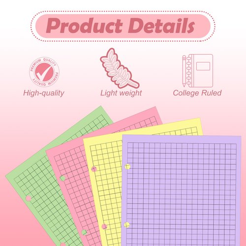 100 sheet Half Letter Graph Paper Refill 3 Hole Punch 5-1/2 x 8-1/2 College Ruled Grid Paper Pad Math Graph Paper Pad Colored Mini Binder Paper Planner Inserts Fits 3 Ring Binders For Office