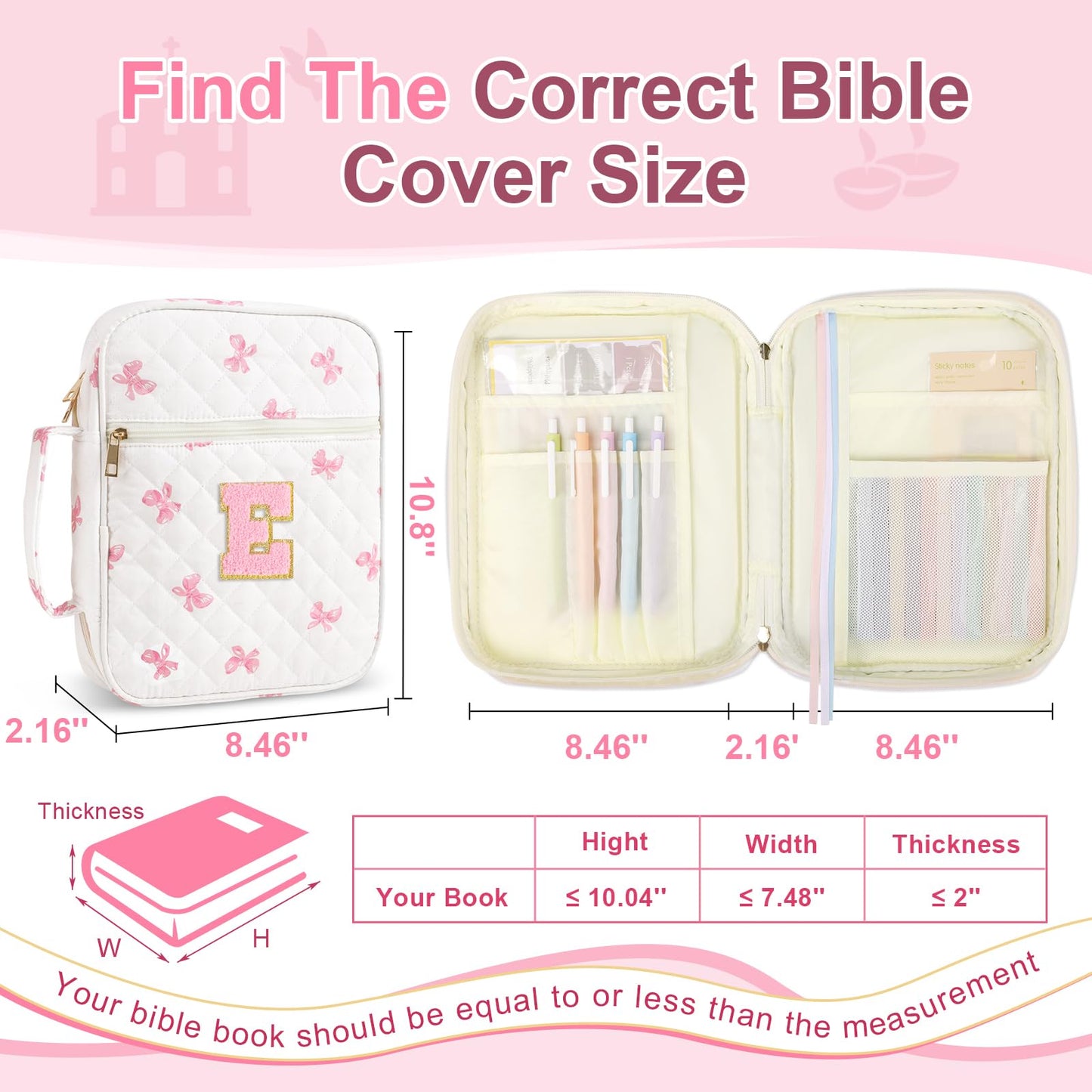 Personalized Initial Bible Cover Case for Women Girls Kid - Large Quilted Bible Case with Handle,Chenille Letter Bag Study Supplies,Christmas Gifts for Christians Birthday Graduationn(Pink Bow-E)
