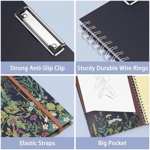 Rimilak Spiral Clipboard Folio with Refillable Lined Notepad, 14.5 x 9.8 in, Hardcover Cover with 5 Interior Pockets, Elastic Band and Pen Loop Series. Cute Stylish Clipfolio, Daisy Flower
