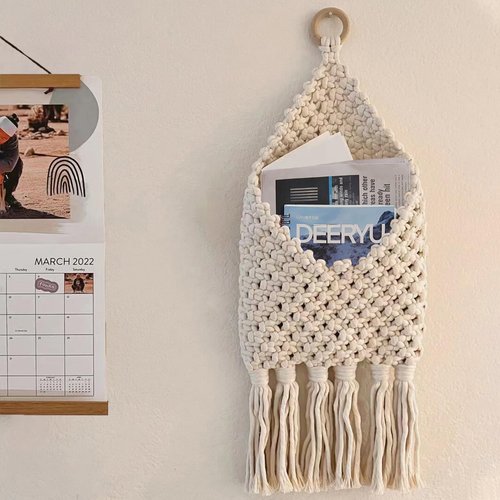 Macrame Mail Organizer Wall Mounted, Handmade Hanging Woven Basket for Boho Home Office Decor, Over the Door Key Letter Envelope File Holder for Entryway Hallway, White