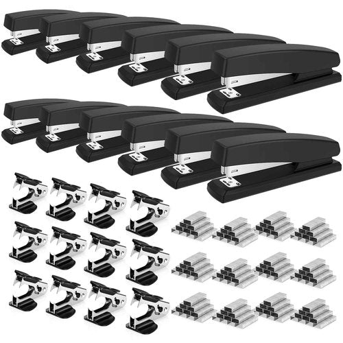 Deli Stapler, 12 Pack Staplers with 12000 Staples and 12 Staple Removers, Staplers for Desk, 25 Sheet Capacity, Black