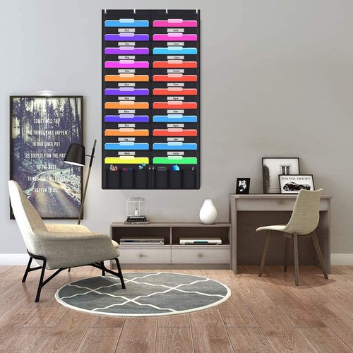 Hanging File Holder Organizer Rack, 20+6 Pocket File Folder, Wall Mounted, Heavy Duty 4 Hooks, Storage Mail, Letter, Key Holder, Document, Filing, Book, Decorative Living Room, Classroom Organization