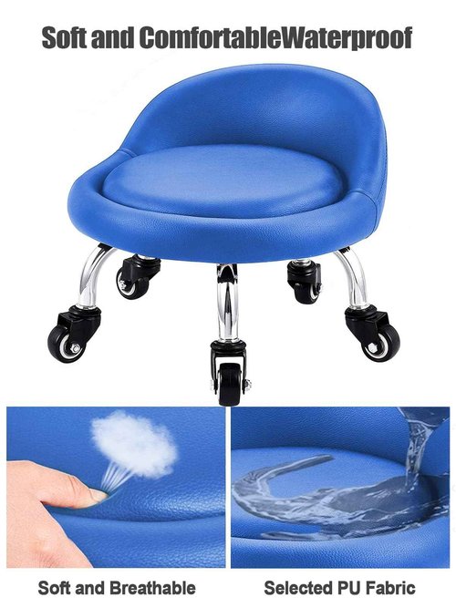 Lanstics Low Roller Seat Stool with Universal Swivel Wheels Leather Rolling Stool Seats with Cushion Backrest 360 Rolling Stools for Home Office Fitness (Blue)