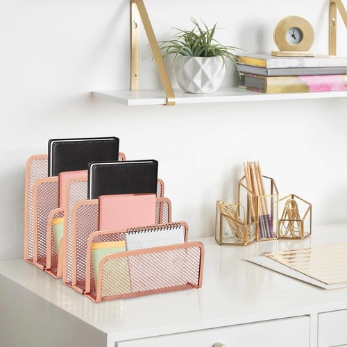 TUSAUW 4 Pcs Desk Mail Organizer, Desktop Letter Holder, Metal File Holder with 3-Slot, Desktop File Organizer Metal Mesh with 3 Vertical Upright Compartmentsfor Home or Office Desktop (Rose Gold)