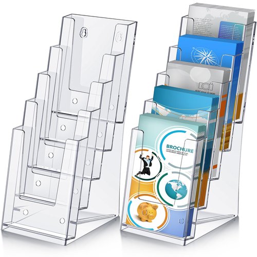 Dunzoom 2 Pcs 5 Tier Acrylic Brochure Holder, 4 Inch Clear Brochure Display Stand Multi Pocket Pamphlet Holder Literature Rack Organizer for Removable Divider Wall Mount or Countertop
