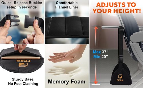 FERB Portable Airplane Footrest - Travel Foot Hammock with Memory Foam for Comfort | Adjustable Office Footrests for Airplane, Train, Bus | Lightweight Travel Accessory
