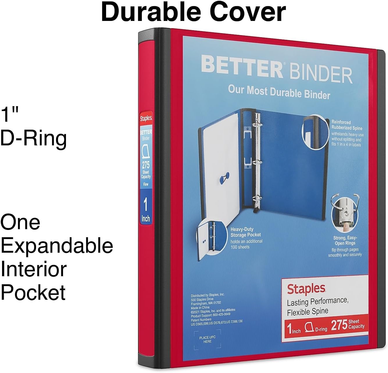 Staples Heavy-Duty D-Ring Binder - 1-Inch, Red | Durable Polypropylene with Removable Spine Label for School & Office