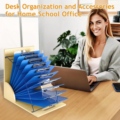 HUZU Desktop Clipboard Organizer Rack, Wooden and Metal Clipboard Holder, Clipboard Storage Stand for Classroom, Office, and Clinic, Assembly Required