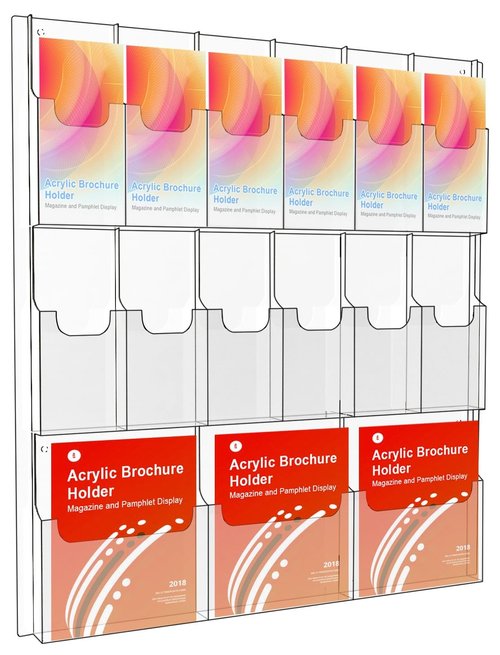 Acrylic Brochure Holder Wall Mount, Magazine and Pamphlet Display, Clear Literature Organizer Rack for 12 Pamphlets and 3 Magazines, Flyer Pamphlet Holder with Business Card Holders and Index Tabs