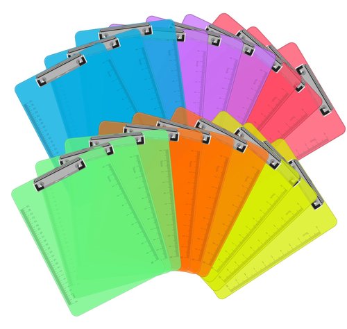 Plastic Clipboards, PANDRI 18 Pack Clear Colored Clipboards, Low Profile Clip Board 12.5 x 9 Inch Standard Letter Size, Office Supplies Classroom
