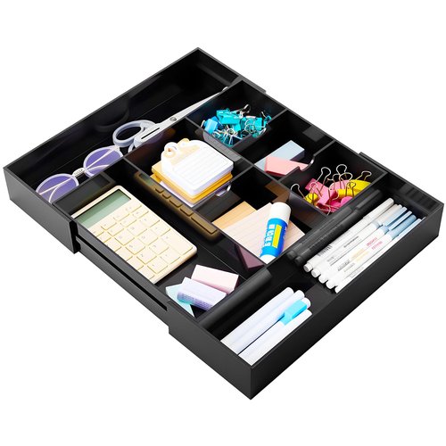 Briwooody 1 Pc Acrylic Desk Drawer Organizer Maximum 12 x 18 x 2.1 Inch Expandable Drawer Organizer Trays with 8 Adjustable Compartments Desk Accessories for Makeup Silverware Office Bathroom (Black)
