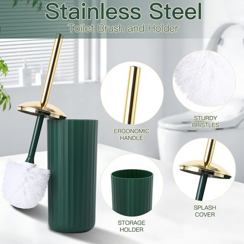 XLHOMO Small Bathroom Trash Can with Press Type Lid, Toilet Brush and Holder Set,Slim Dark Green Bathroom Garbage Can, Slim Narrow Trash Bin 2.6 Gallon Garbage Bin, 75Counts Trash Bags
