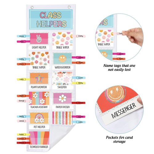 FYSUIMU Groovy Class Job Pocket Chart with Card Hook Clip Boho Back to School Classroom Helper Educational Teacher's Management for Preschool Bulletin Board Decor Supplies