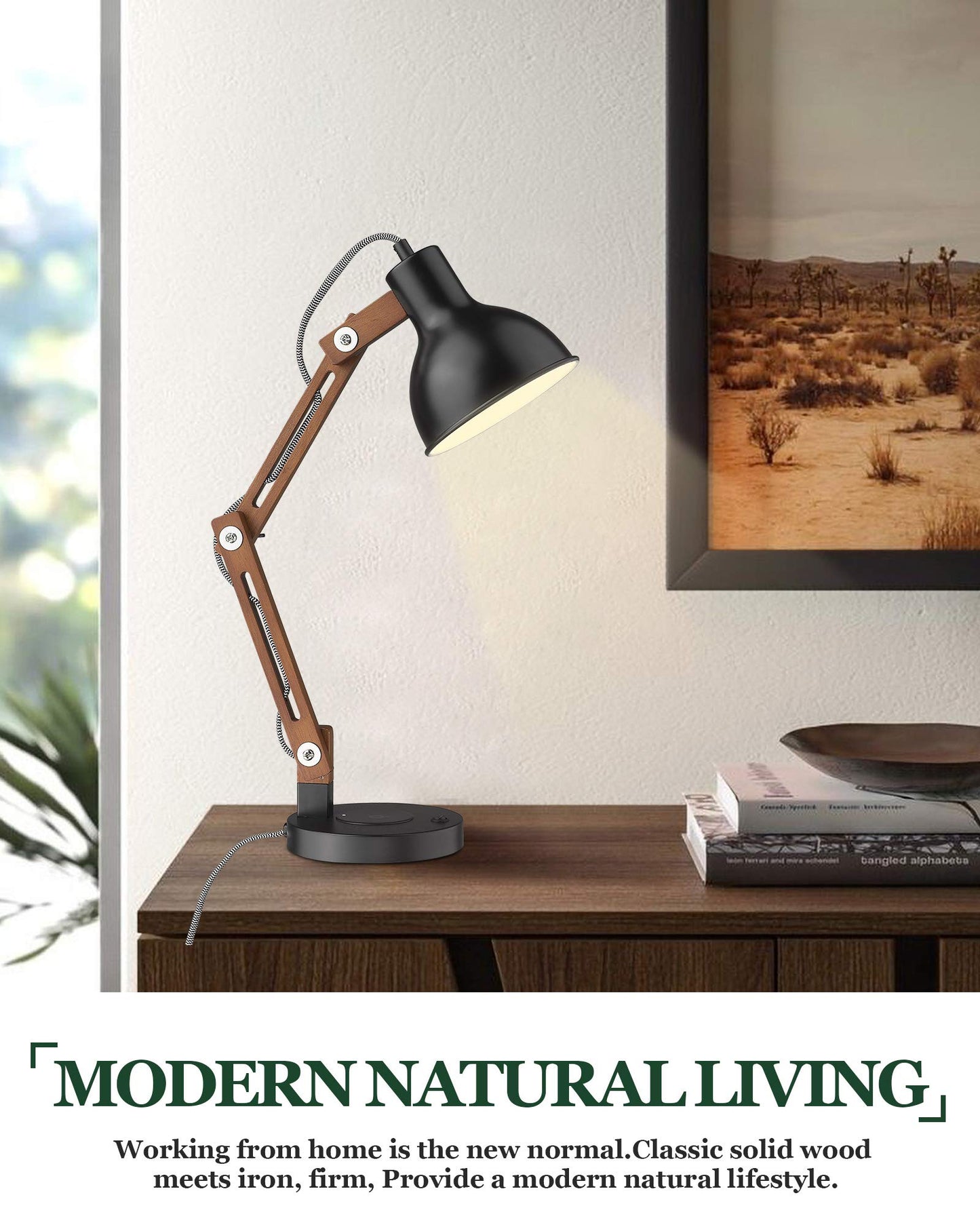 ELYONA Modern Sapele Wood Desk Lamp with Upgraded Wireless Charger & USB C Charging Port Swing Arm Table Lamp Bedside Reading Task Light for Dorm Office Bedroom Living Room LED Bulb Included Black