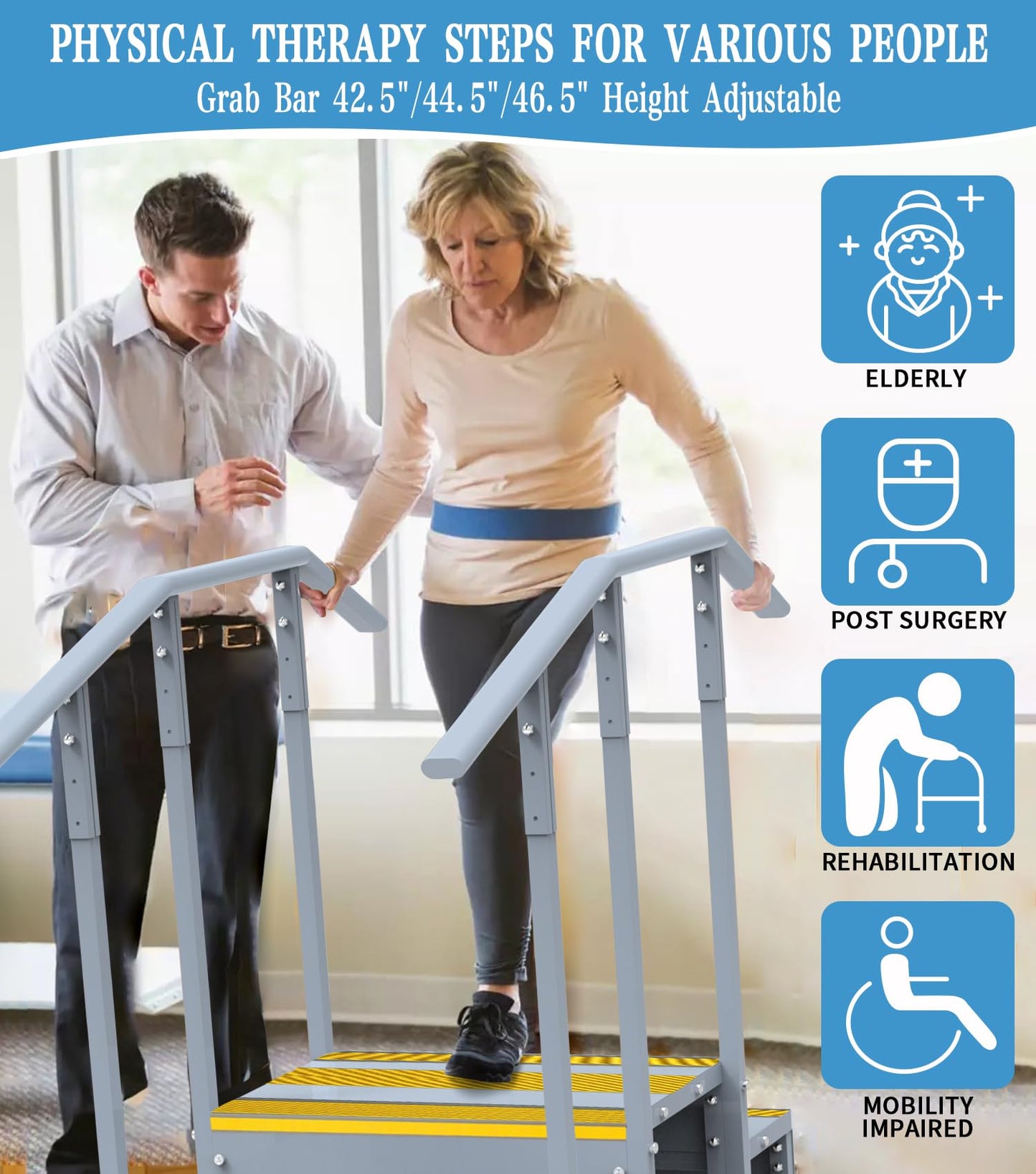 Up & Down Physical Therapy Step, Iron Alloy Therapy Stairs with Adjustable Handrails, Non-Slip Therapy Equipment for Home/Professional Rehabilitation Exercises(600LBs Capacity, Two Height Options)