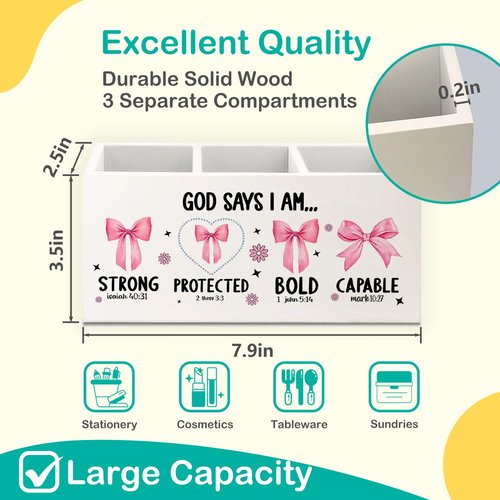 AQYIP Christian God Says I Am Wooden Pen Pencil Holder for Desk Accessories, Christian Gifts for Women, Pink Coquette Bow Bible Verse Wood Makeup Brush Toothbrush Holder Organizer for Vanity Bathroom