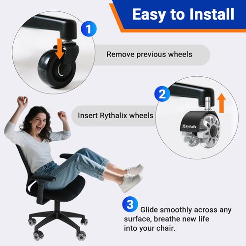 Rythalix 2.5" Office Chair Wheels Set of 5 - Desk Chair Caster Wheels, Smooth & Quiet, Universal Fit for Most Office/Desk/Gaming Chairs, Safe on Carpets & Hardwood Floors