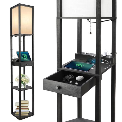 OUTON Floor Lamp with Shelves, 1 Drawer, 2 USB-C Ports, 2 AC Outlets, LED Modern Floor Lamp with 3 Color Temperature, Storage Display Wood Standing Lamp for Living Room, Bedroom, Office (Black)