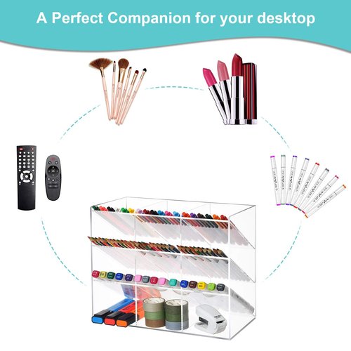 Marbrasse Clear Pen Organizer Storage, Acrylic Desk Organizer with 12 Compartments, Pen Holder for Desk, Desktop Art Organizer for Office School Art Supplies