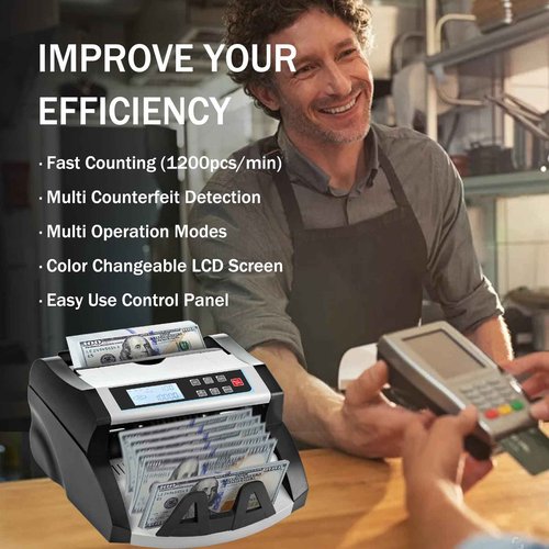 DOMENS Money Counter Machine Count Value,UV/MG/MT/IR Counterfeit Detection Bill Counter,US Dollar only Cash Counter, Add+Value/Batch+Value Modes,Money Counting Machine with LCD Display (Black+Grey)