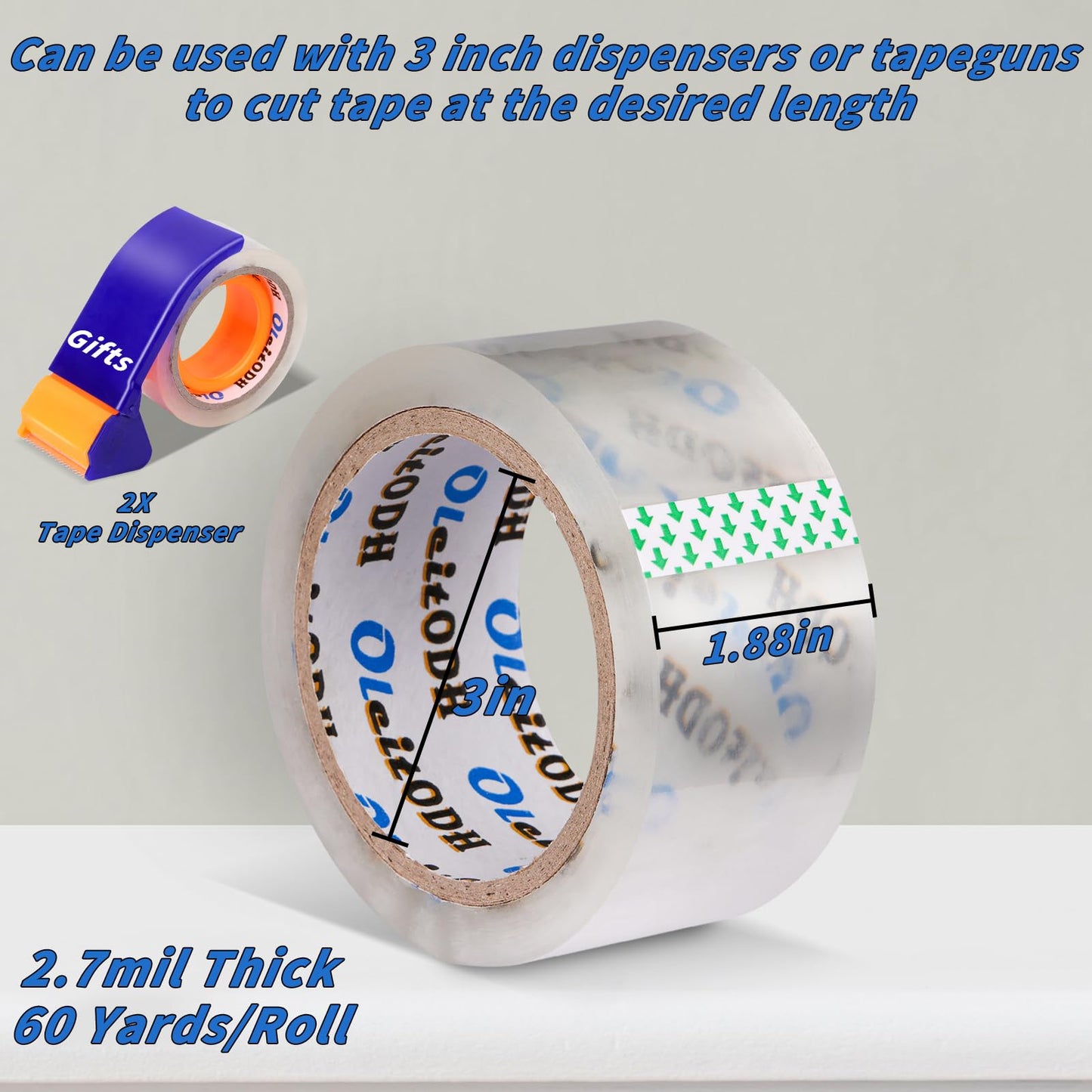 Oleitodh 36 Rolls Clear Packaging Tape with Dispenser, 1.88" X 60 yd Shipping Tape Bulk, Total 2160 Yards, 2.7 mil, 3" Core, Heavy Duty Packing Tape Refills for Moving Boxes, Package, Mailing