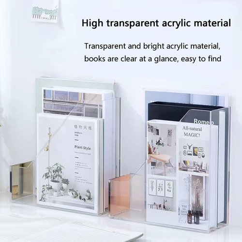 Zyners 2 Packs Clear Acrylic Magazine File Holder, Plastic File Folder Storage Organizer , Decorated with Rose Gold Sequins for Office, Home, Desk, School（9.8" x 3.5" x 10"）