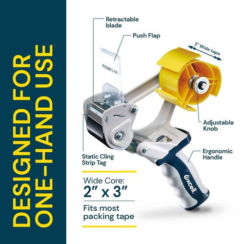 Excell EXC-828PL PUSHFLAP Tape Dispenser (2 Inch Wide), Manual, Metal/Plastic, 3 Inch Core for Carton Sealing & Packing, Easy One-Hand Operation - 1 Set + 2 Rolls of Transparent Tape