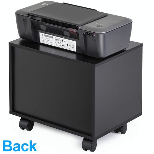 FITUEYES Mobile Printer Stand with Storage, Under Desk Black Wood Small Rolling Printer Table Work Cart with Wheels and 3 Compartment Organizer Spaces for Home Office, 15.7 x 11.8 x 13.8