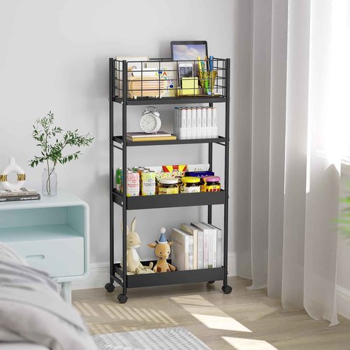 KINGRACK Slim Storage Cart, 4-Tier Metal Utility Rolling Cart with Wheels,Bathroom Organizer, Skinny Rolling Trolley, Mobile Shelving Unit for Office, Laundry Room, Narrow Place, Black