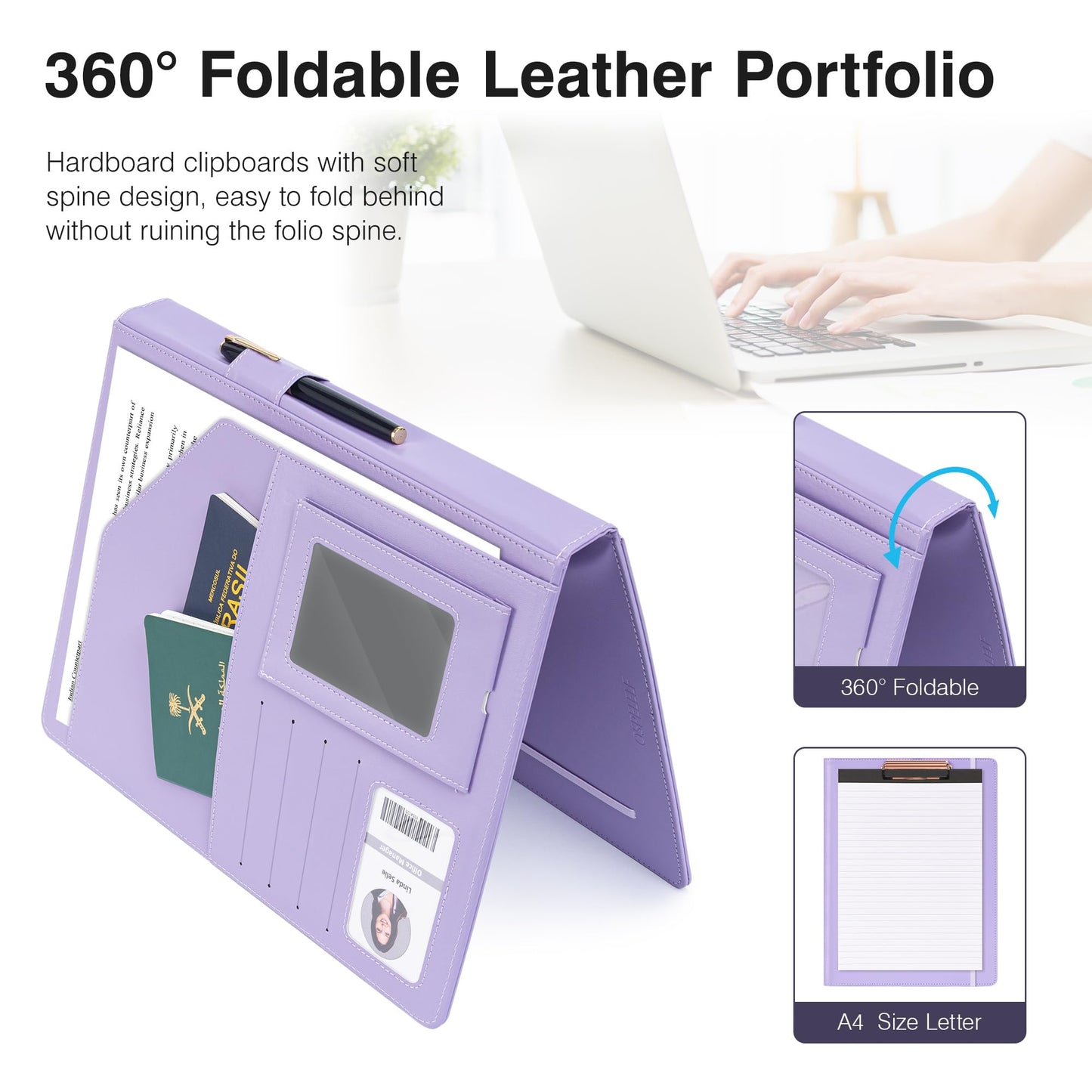 Ospelelf Foldable Leather Clipboard Folio with Notepad 8.5 x 11, Purple Business Padfolio for Women Portfolio Organizer
