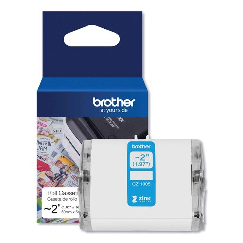 Brother Genuine CZ-1005 continuous length ~ 2 (1.97”) 50 mm wide x 16.4 ft. (5 m) long label roll featuring ZINK Zero Ink technology