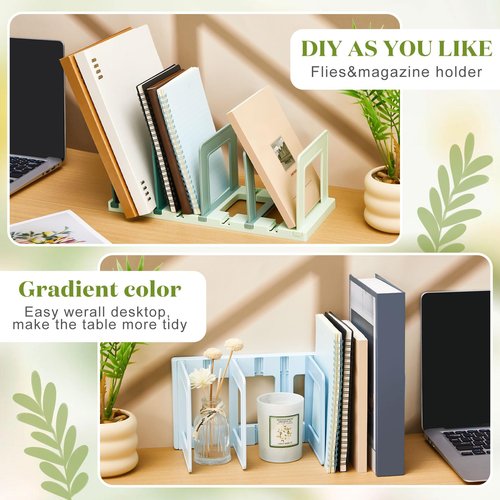 Suzile 2 Pack Adjustable Vertical File Organizer for Desk, 6 Compartments Plastic Folder Sorter with Expandable Divider, Upright File Holder for Books Magazines Office Supplies(Gradient Blue Green)