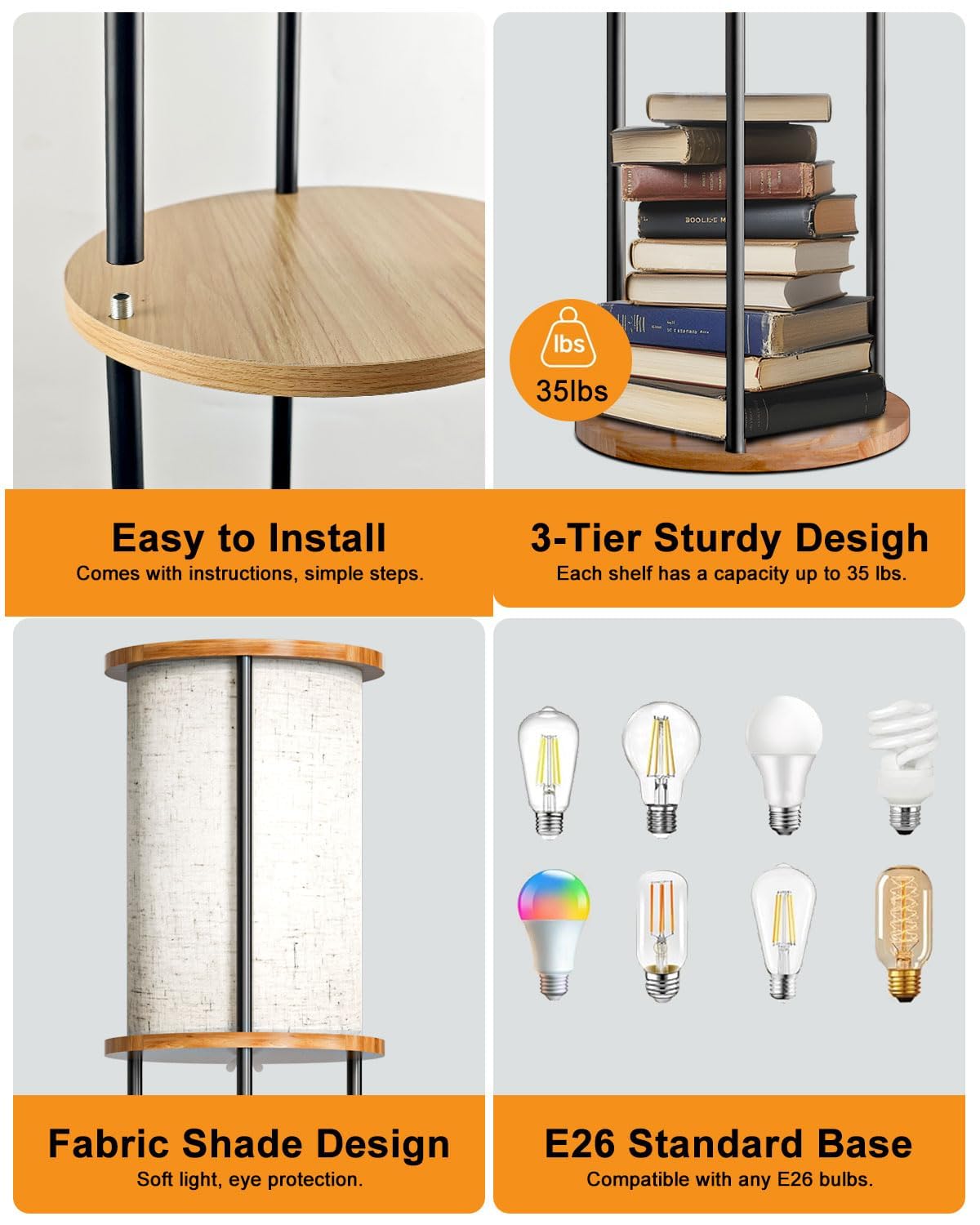 Lightdot 61" Floor Lamp with Shelves, Modern Black Standing Lamp with Fabric Shade and 3- Tier Solid Wood Table Attached, Corner Bookshelf Lamps with Bulb Included for Sofa Beside/Corner Decor