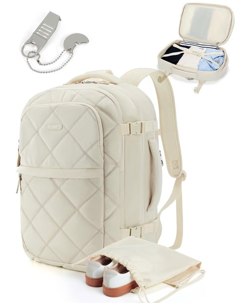 BAGSMART Travel Backpack, 30L Flight Approved Carry on Backpack with Door Lock, TSA Personal Item Backpack with 15.6 Inch Laptop Compartment & Shoe Bag,Suitcase for Travel, Classic Beige