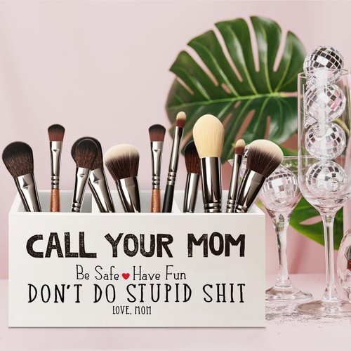 URLLUAE Funny Call Your Mom Wooden Pen Pencil Holder for Office Desk Accessories, Gifts for Freshman Son Daughter College Students Makeup Brush Toothbrush Holder Organizer for Bathroom