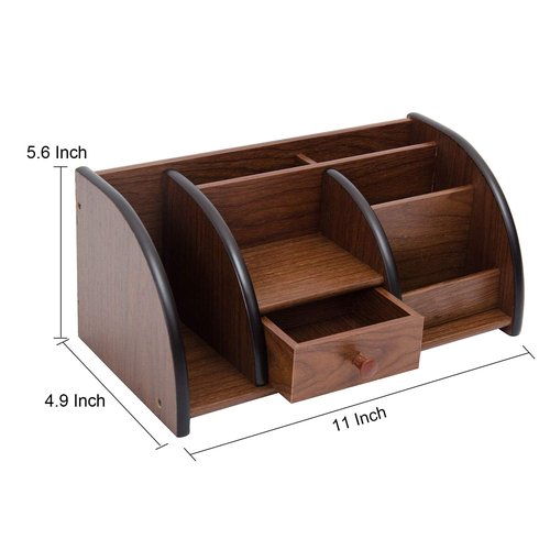 Liry Products Cherry Brown Wood Desktop Organizer Multiple Compartments Stepped Racks Drawer Shelf Tabletop Storage Cabinet Stationery Holder Office Accessory Supplies Caddy Sorter Home