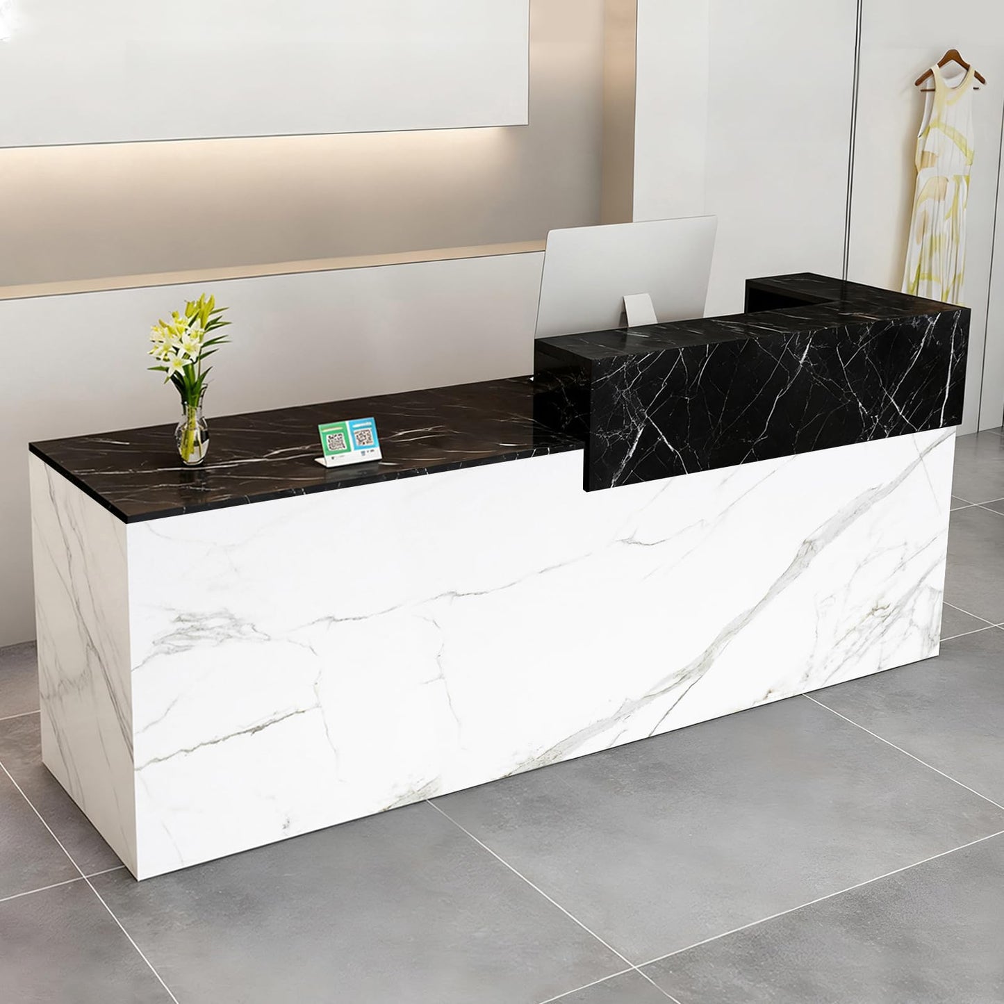Modern Reception Desk with Drawer & Open Shelves, 39-95 Inch Front Counter Table, Computer Workstation Suitable for Salons, Offices, Lobbies, Retail Stores and Home Offices