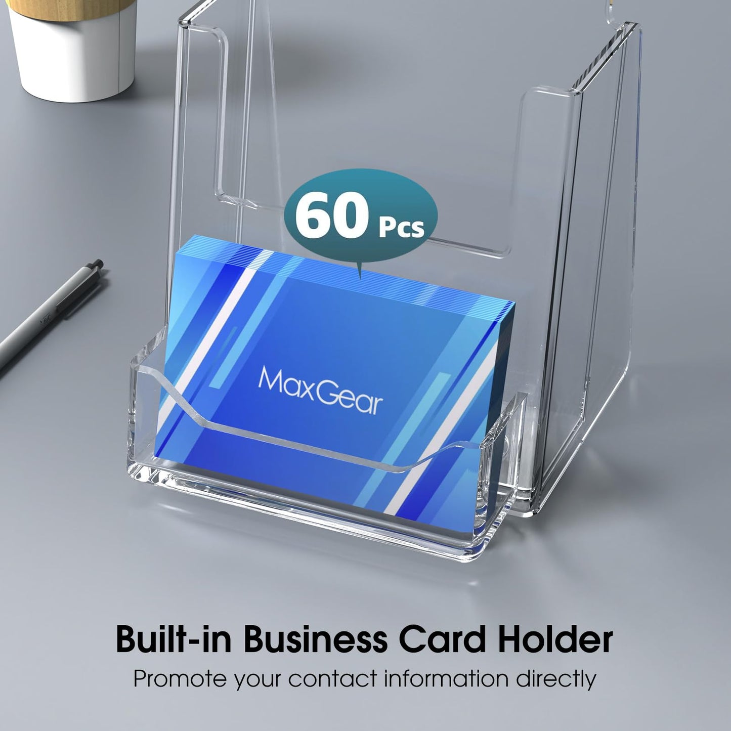 MaxGear Brochure Holder 4x9 inch with Business Card Organizer, Acrylic Literature Display Stand Clear Plastic Flyer Holder Wall Mount or Countertop Use for Pamphlets, Booklets, 2 Pack