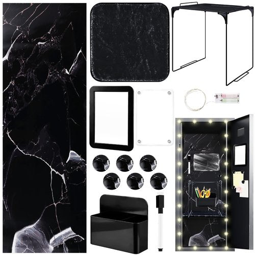 14 Pcs Locker Accessories Kit Locker Wallpaper Magnetic Mirror Whiteboard Pen Holder Magnets Locker Organizer Shelf Rug Marker Lightstring for Back to School Essentials Girls Locker Decoration (Black)