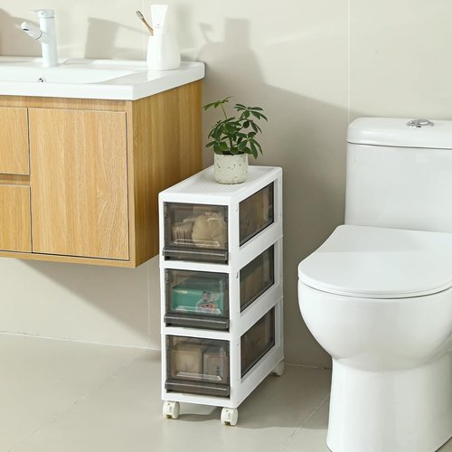 Plastic 3 Drawer Storage Organizer - Narrow Storage Cart with Wheels for Small Spaces | 7.87-Inch Wide (White)