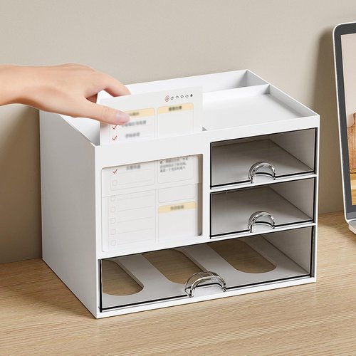 Catekro Pen Organizer with 3 Drawer, Desk Top Accessories Stationary Organizer Desk Caddy, Multi-Functional Pencil Holder for Desk Organizers with 5 Compartments for Office Art Supplies(White)