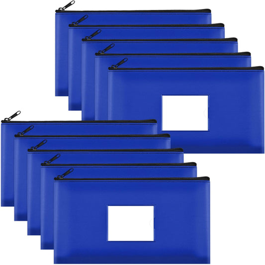 SMARTAKE 10-Pack Money Bags - Zippered Leather Wallet Pouches for Cash, Coins & Cosmetics | 11.5 x 6.2 Inches (Blue)