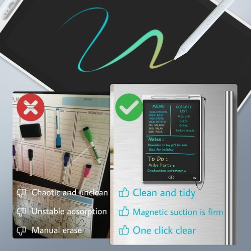 Magnetic Board for Fridge, 9.8”×6.7” Small LCD Writing Tablet Blackboard Grocery to Do List Magnet Pad Dry Erase White Black Whiteboard Adult Chore Chart Refrigerator Digital Notepad Message Center