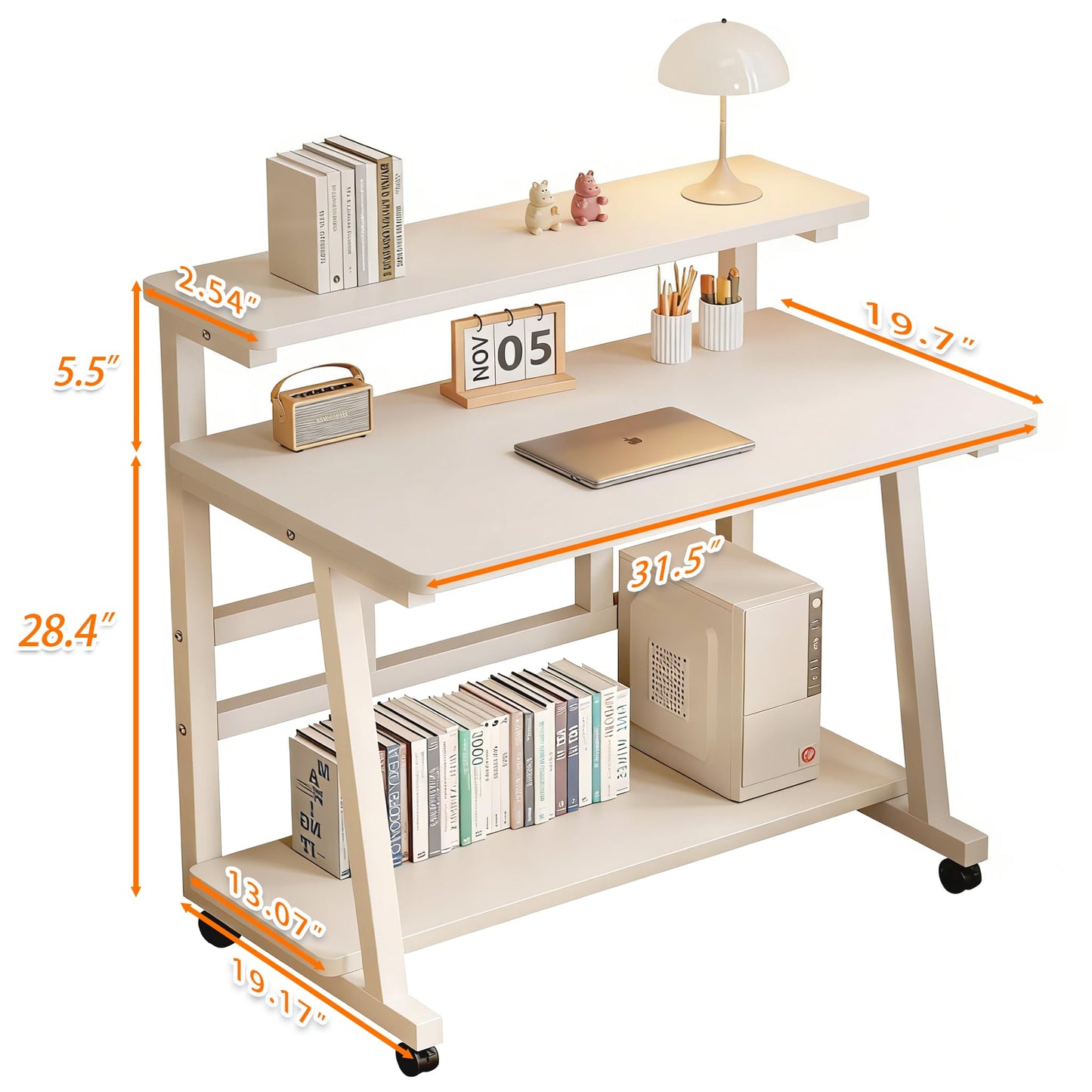 HDOFM 31.5 Inch Rolling Computer Desk for Small Spaces, Monitor Stand & 3-Tier Storage with Lockable Wheels, Easy Assembly for Bedroom, Dorm & Apartment