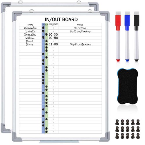 Lincia in and Out Magnetic Dry-Erase Board 24" x 18" Aluminum Framed White Board with Lines 33 Names with Magnetic Dry-Erase Marker, Eraser, and 35 Magnets Wall-Mounted for Office Employee