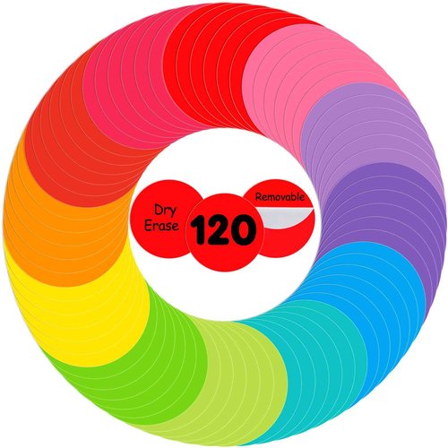 120 Pieces Colorful Large Dry Erase Dots Circles 11 Inch Removable Vinyl Table Stickers Wall Decals Spots with 16 Pieces Whiteboard Markers for Classroom Teacher Students Home Desk Wall